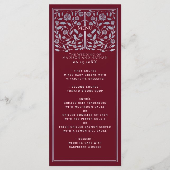 Silver Red Royal Mediaeval Sword Wedding  Menu (Front)