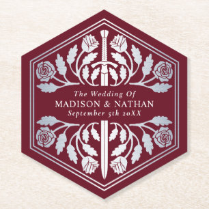 Silver Red Royal Mediaeval Sword Wedding Paper Coaster