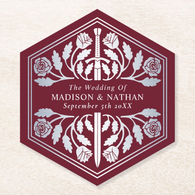 Silver Red Royal Mediaeval Sword Wedding Paper Coaster (Front)