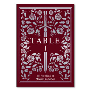 Silver Red Royal Mediaeval Sword Wedding  Table Number
