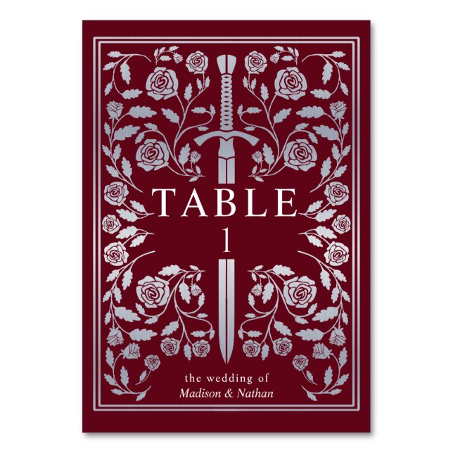 Silver Red Royal Mediaeval Sword Wedding  Table Number (Front)