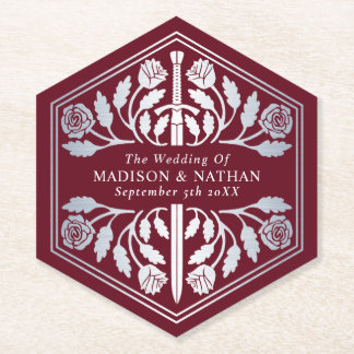 Silver Red Royal Medieval Sword Wedding Paper Coaster