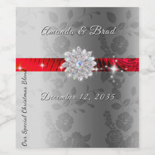 Silver Red Satin Diamond Christmas Wedding Wine Label