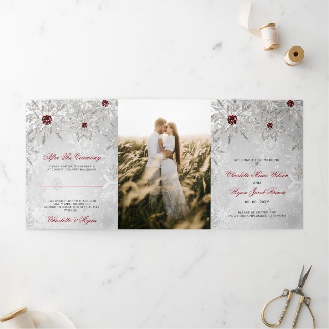 Silver Red Snowflake Winter Wedding  Tri-Fold Programme (Outside)