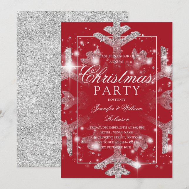 Silver Red Snowflake Xmas Holiday Party   Invitation (Front/Back)