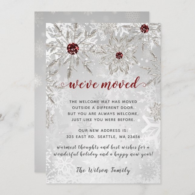 Silver Red Snowflakes We've Moved Holiday Cards (Front/Back)