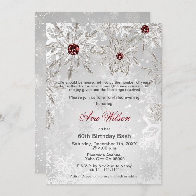 Silver Red Snowflakes Winter 60th Birthday Party Invitation (Front/Back)