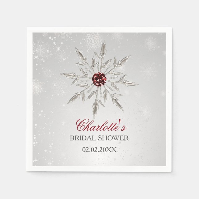 Silver Red Snowflakes Winter Bridal Shower Napkin (Front)