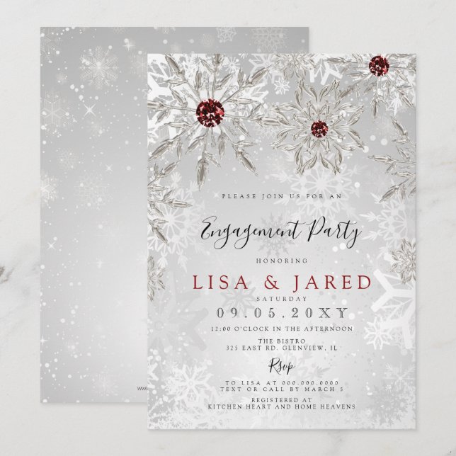 Silver Red Snowflakes Winter Engagement Party  Invitation (Front/Back)
