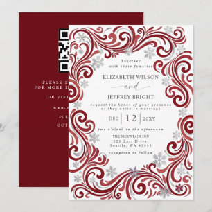 Silver Red Snowflakes Winter QR Code Wedding Invitation