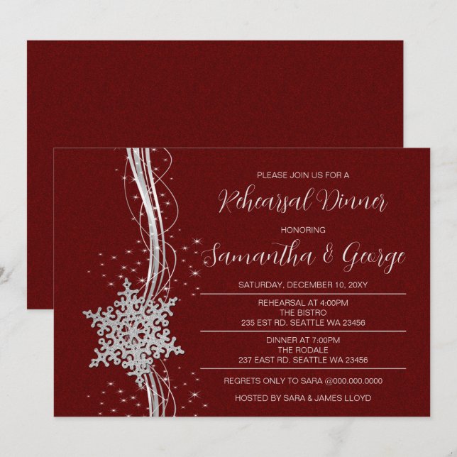 Silver Red Snowflakes Winter Rehearsal Dinner Invitation (Front/Back)