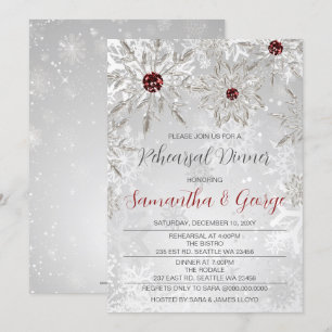 Silver Red Snowflakes Winter Rehearsal Dinner  Invitation