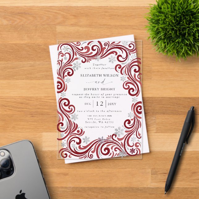 Silver Red Snowflakes Winter Wedding Acrylic Invitations (Insitu (Invitation Card))