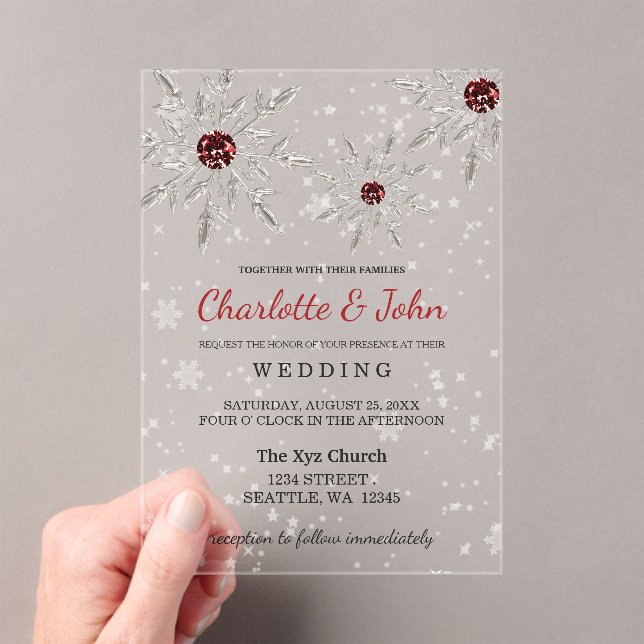 Silver Red snowflakes Winter Wedding Acrylic Invitations (Insitu (Handheld))
