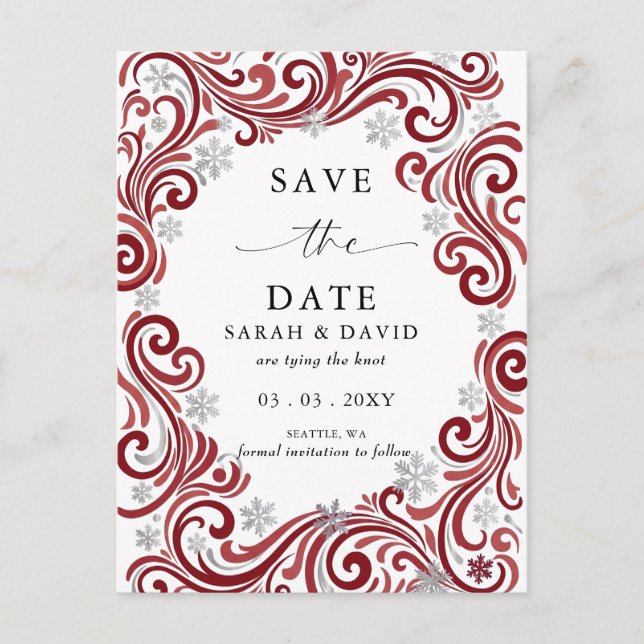 Silver Red Snowflakes Winter Wedding  Announcement Postcard (Front)
