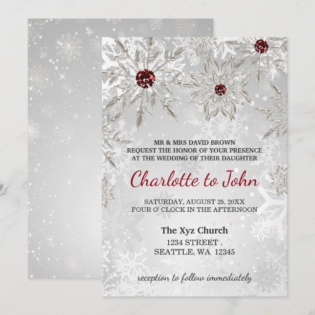 silver red snowflakes winter wedding invitation (Front/Back)