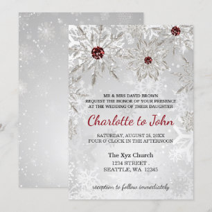 silver red snowflakes winter wedding invitation