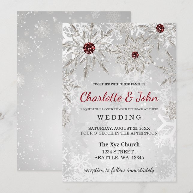 silver red snowflakes winter wedding invitation (Front/Back)