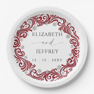 Silver Red Snowflakes Winter Wedding Paper Plate