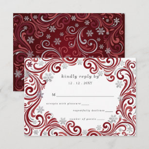 Silver Red Snowflakes Winter Wedding RSVP Card