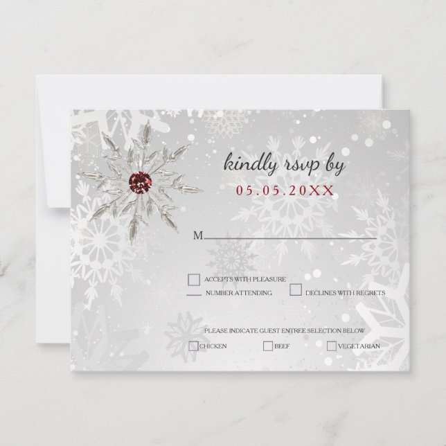 silver red snowflakes winter wedding rsvp card (Front)