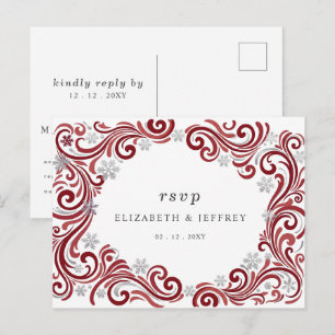 Silver Red Snowflakes Winter Wedding RSVP Postcard