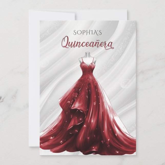 Silver Red Sparkle Dress Quinceañera Quince Invitation (Front)