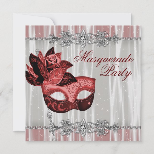 Silver Red Sparkles Red Masquerade Party Invitation (Front)