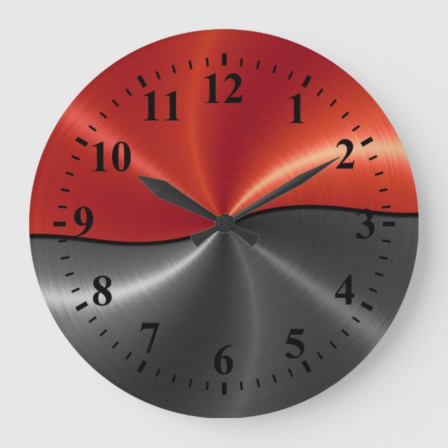 Silver Red Stainless Steel Metal Look Large Clock (Front)