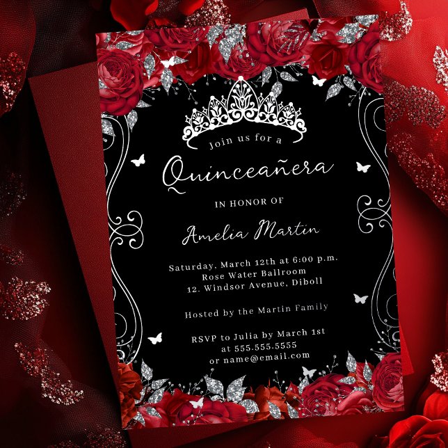 Silver Red Swirl Scroll Floral Quinceanera  (Creator Uploaded)