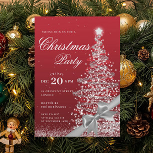 Silver Red Winter Christmas Tree Bow Holiday Invitation