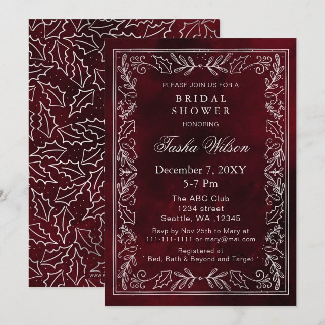 Silver Red Winter Foliage Holiday Bridal Shower  Invitation (Front/Back)