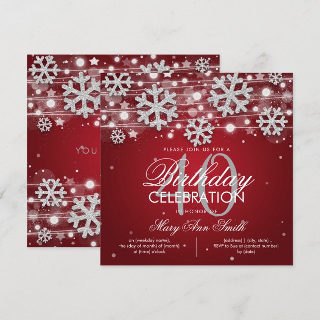 Silver Red Winter Glitter Glam 40th Birthday Invitation (Front/Back)