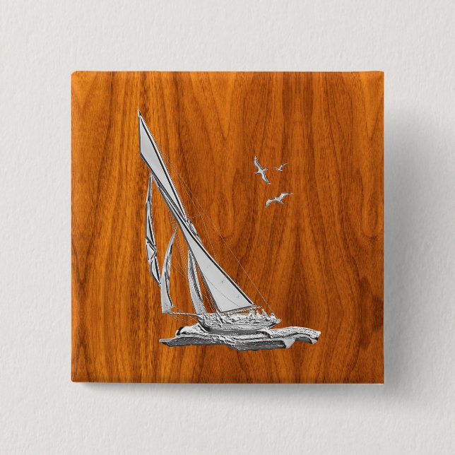 Silver Regatta Sailboat on Teak Veneer 15 Cm Square Badge (Front)