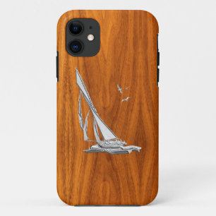 Silver Regatta Sailboat on Teak Veneer iPhone 11 Case