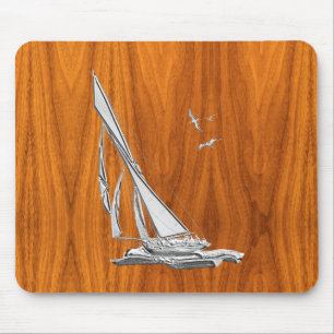 Silver Regatta Sailboat on Teak Veneer Mouse Mat