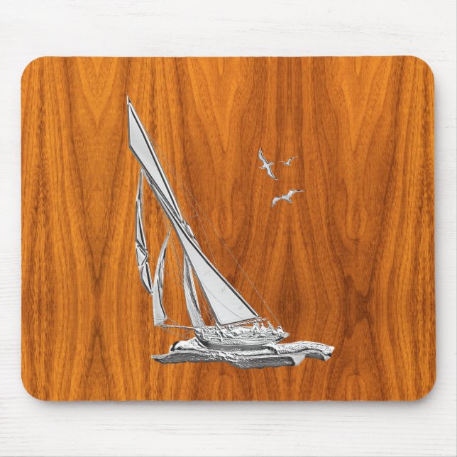 Silver Regatta Sailboat on Teak Veneer Mouse Mat (Front)