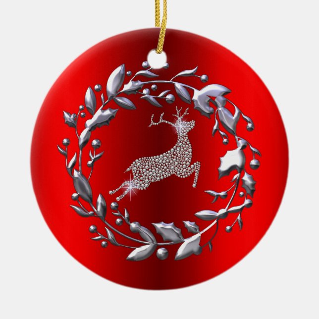 Silver Reindeer and Wreath on Red Christmas Ceramic Tree Decoration (Front)
