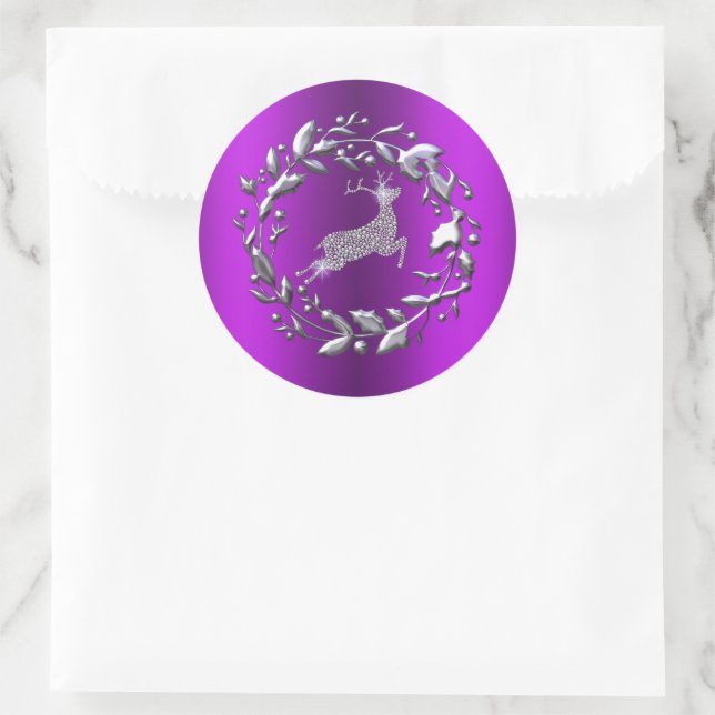 Silver Reindeer and Wreath Purple Christmas Classic Round Sticker (Bag)