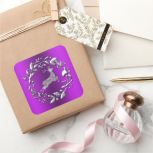 Silver Reindeer and Wreath Purple Christmas Square Sticker
