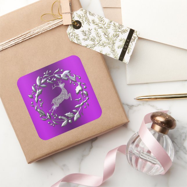 Silver Reindeer and Wreath Purple Christmas Square Sticker (Gifting)