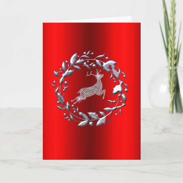 Silver Reindeer and Wreath Red Christmas Card (Front)