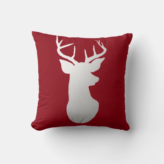 Silver Reindeer Antler Modern Silhouette Red Cushion (Front)