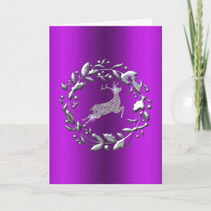 Silver Reindeer on Purple Christmas Holiday Card