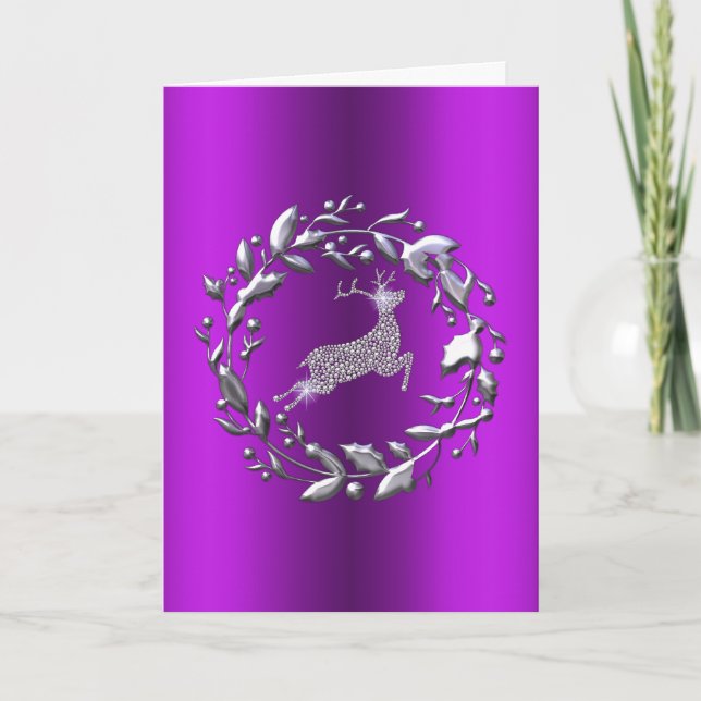 Silver Reindeer on Purple Christmas Holiday Card (Front)