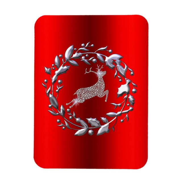 Silver Reindeer on Red Christmas Magnet (Vertical)