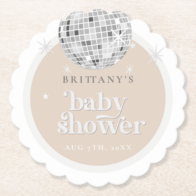 Silver Retro Disco Groovy Baby Shower  Paper Coaster (Front)