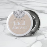Silver Retro Disco Groovy Bridal Shower  3 Cm Round Badge<br><div class="desc">Step back in time with our Retro Disco Ball Bridal Shower Invitations & Decor collection. Immerse yourself in the nostalgia of the 70s with muted beige and grey arches, enhanced by groovy silver glitter fonts. The iconic retro disco ball takes centre stage, evoking an era of disco glamour, all while...</div>