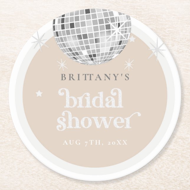 Silver Retro Disco Groovy Bridal Shower  Round Paper Coaster (Front)