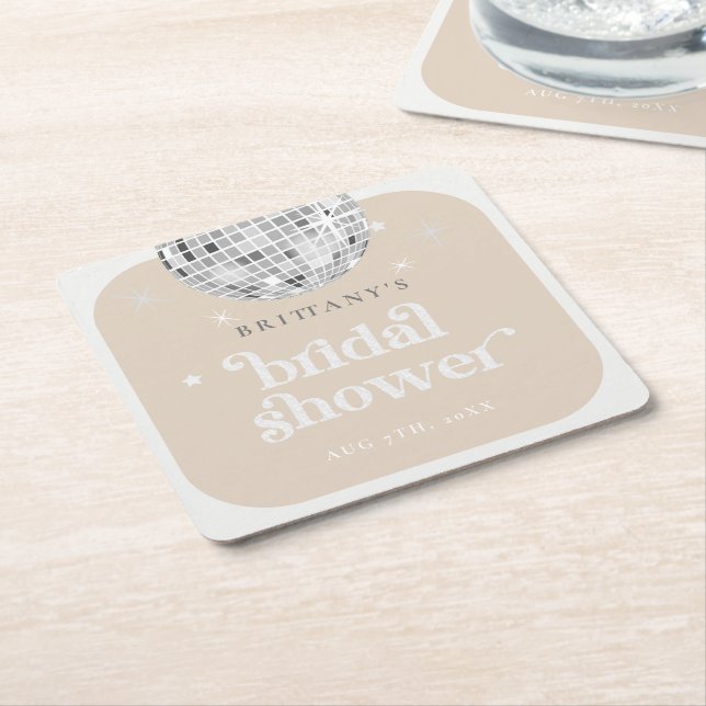 Silver Retro Disco Groovy Bridal Shower  Square Paper Coaster (Angled)